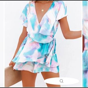 Tie dye ruffle wrap romper